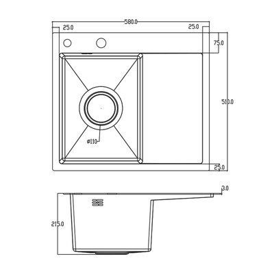Кухонна мийка ITAL HD5851L, 580x510мм, нержавіюча сталь, ліва, чорний