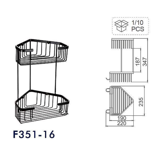 Полиця кутова FRAP F351-16, двоярусна з гачками, нержавіюча сталь, чорний