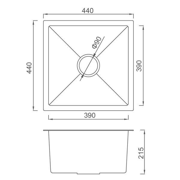 Кухонна мийка GAPPO GS4444 інтегрована 440x440 мм, нержавіюча сталь
